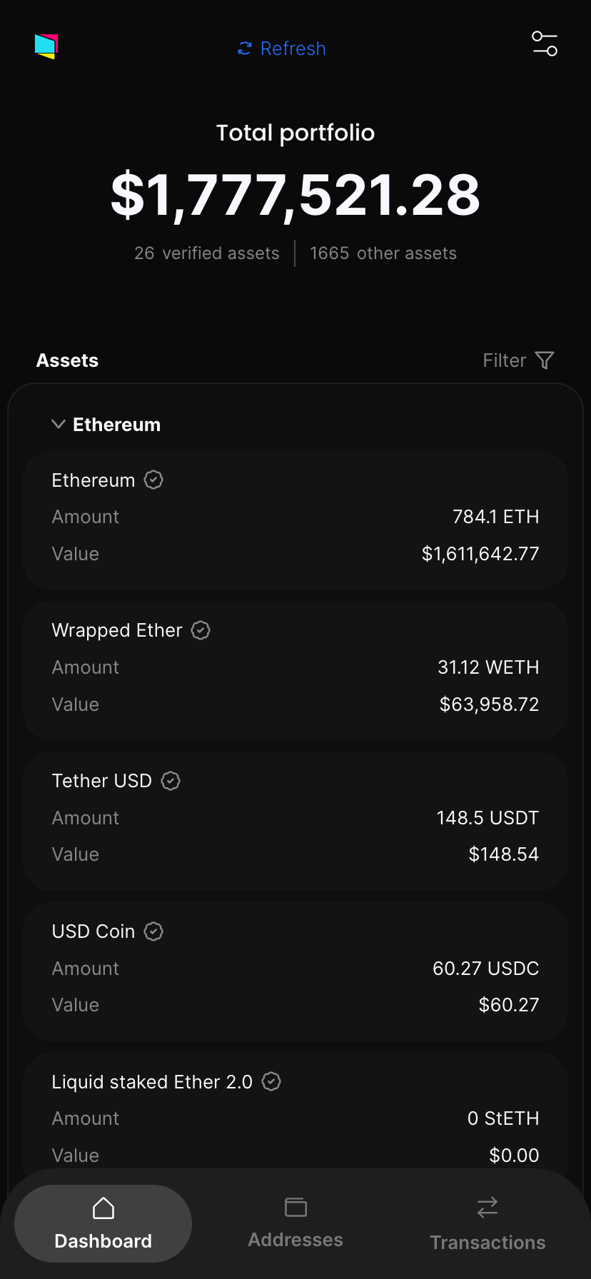 Watch-only crypto wallet dashboard page preview